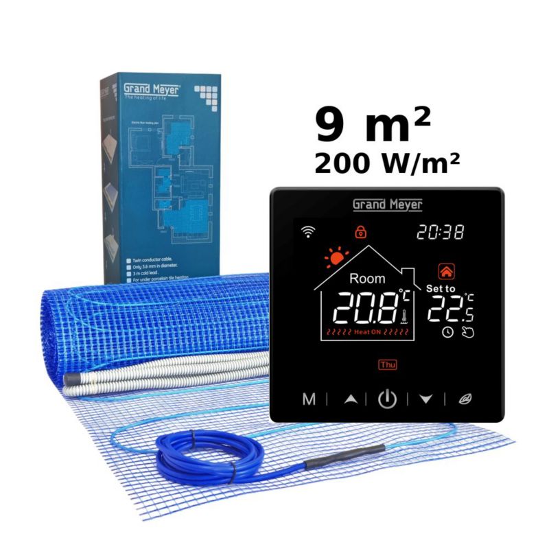 Zestaw do ogrzewania podłogowego 9 m², 200 W/m² + termostat SN-20 Wi-Fi programowalny, 1 szt.