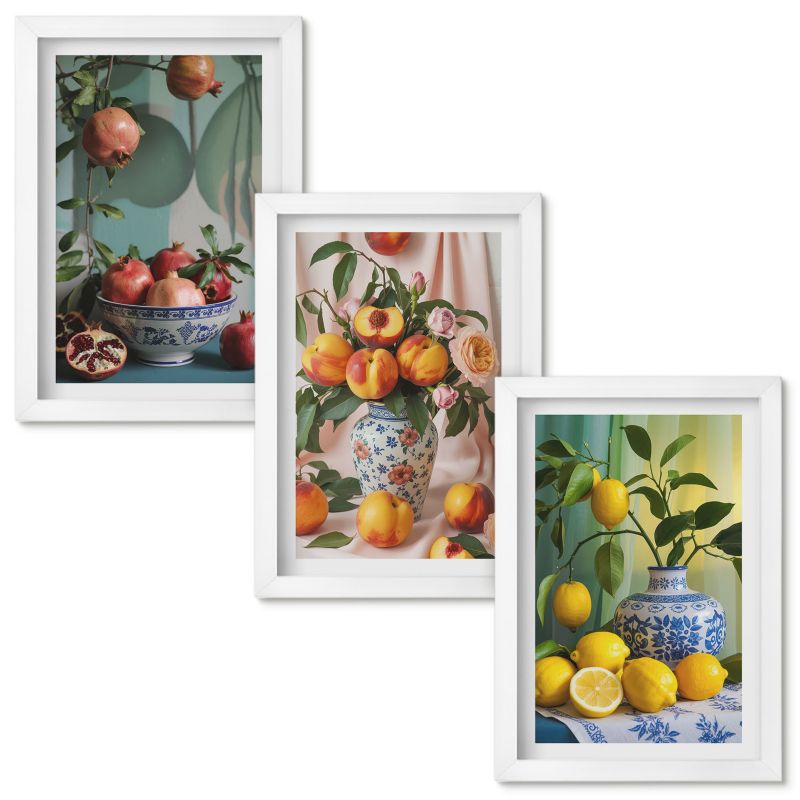 Obrazy Do Sypialni Wallfluent Owoce granatu brzoskwinie cytryny Biała rama 20x30cm 3 szt.
