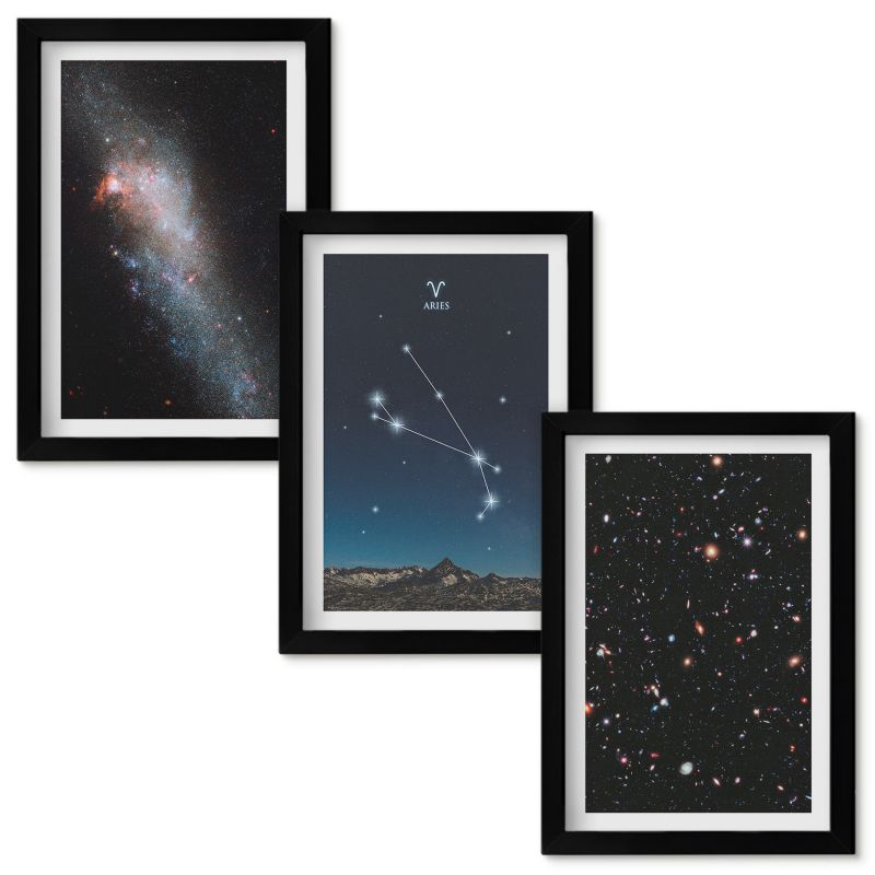 Obraz Ścienny Zestaw Wallfluent Kosmiczne pejzaże galaktyk Czarna rama 20x30cm 3 szt.