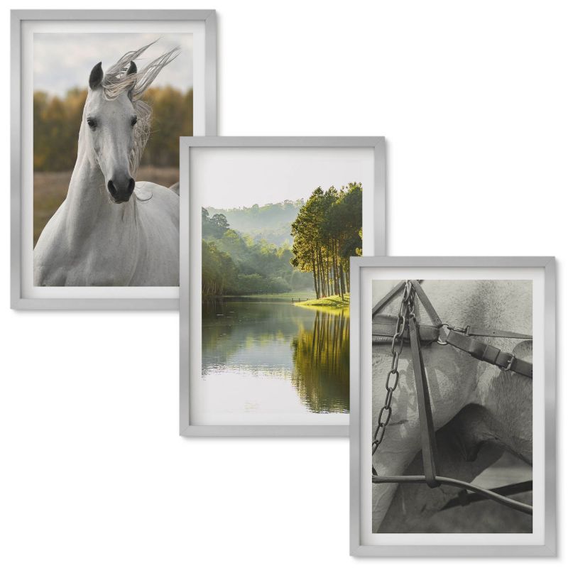 Tryptyk w Ramie Wallfluent Białe konie rzeka natura Srebrna rama 40x60 cm 3 szt.