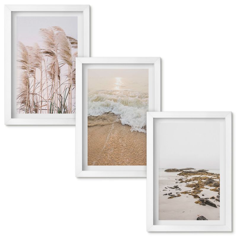 Obraz Ścienny Zestaw Wallfluent Plażowe trawy fale kamienie boho Biała rama 20x30cm 3 szt.