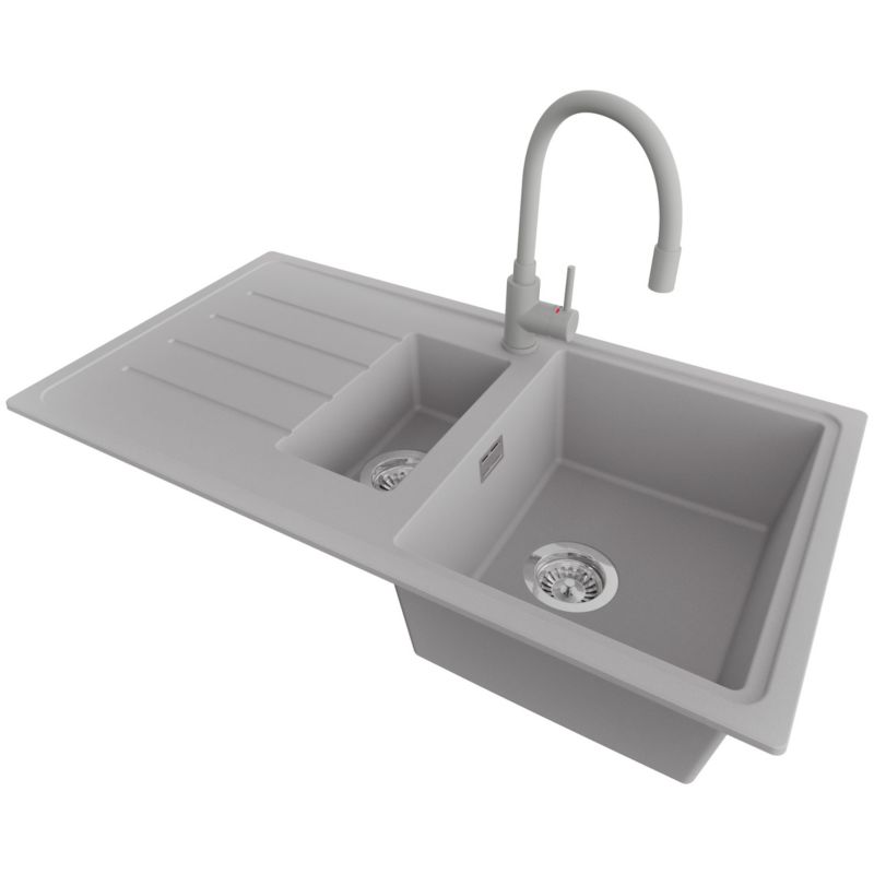 Zlewozmywak Granitowy Kopenhaga Duo PRIMAGRAN Nablatowy 90x50cm do Szafki od 60cm, Szary + Bateria 38x14cm + Syfon, S031, 1 szt.