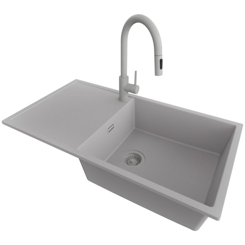 Zlewozmywak Granitowy Ibiza PRIMAGRAN Nablatowy 90x50cm do Szafki od 60cm, Cały Szary + Bateria 40x20cm + Syfon, S064, 1 szt.