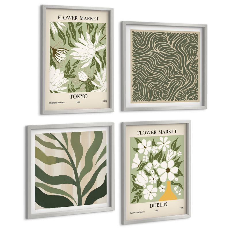 Zestaw Obrazów 4 Częściowy ArtPrintCave (2x50x50+2x40x60cm) Srebrna rama Roślinne wzory boho dekoracje 1 kpl.