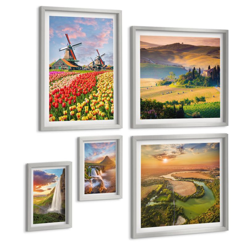 Komplet 5 Obrazów ArtPrintCave (2x50x50+2x20x30+40x60cm) Srebrna rama Whisky wino szampan kawa alkohol 1 kpl.