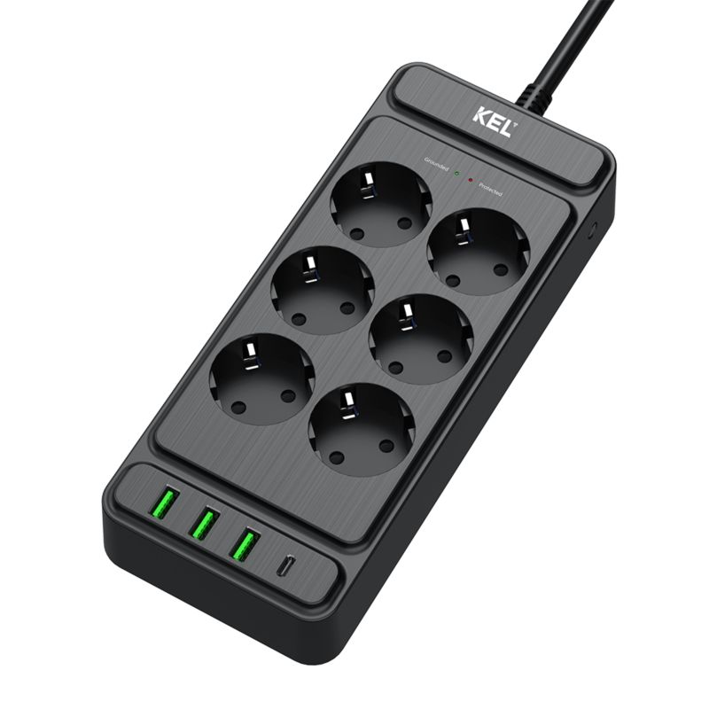 Listwa przepięciowa Plastrol 6x gniazdo Schuko 3x USB-A 1x USB-C czarna W-00354 1szt