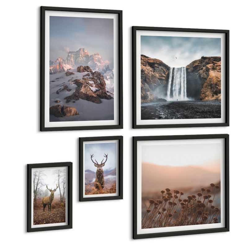 Galeria 5 Obrazów ArtPrintCave (2x50x50+2x20x30+40x60cm) Czarna rama Wakacyjne palmy wodospad 1 kpl.