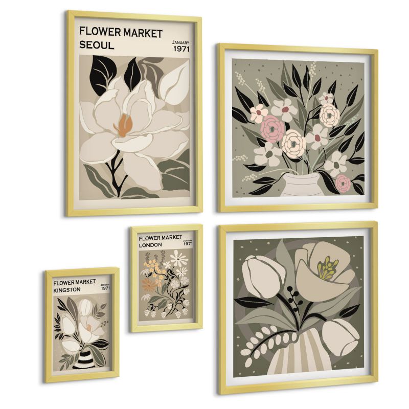 Zestaw Obrazów 5 Częściowy ArtPrintCave (2x50x50+2x20x30+40x60cm) Złota rama Kwiaty retro z miast świata 1 kpl.
