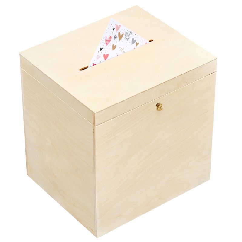 Pudełko Drewniane Creative Deco na Koperty Ślubne 29 x 25 x 30cm Skrzynka Naturalna z Pokrywą i Kluczykiem na Urodziny Ślub 1 szt