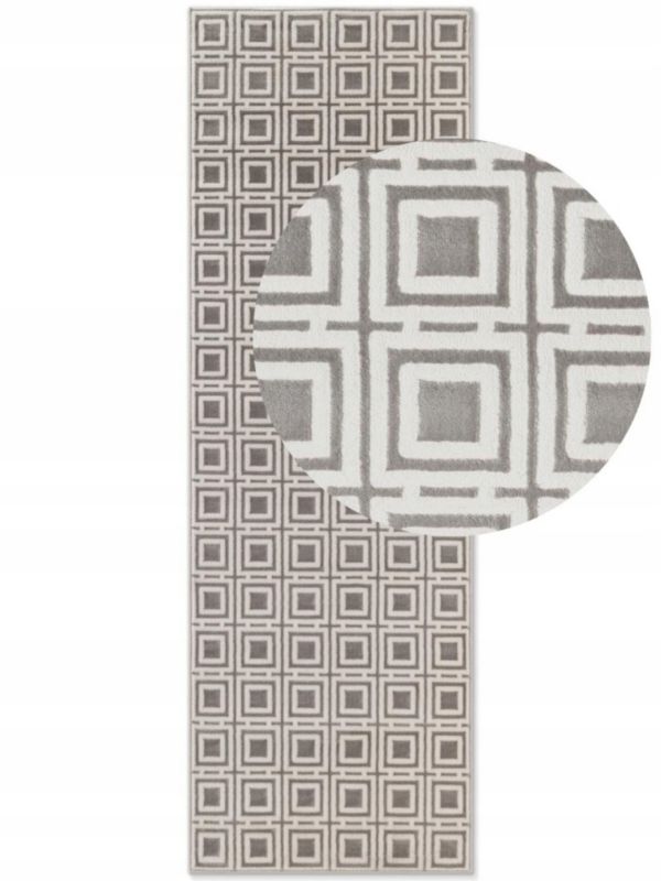 Dywan Elle Decoration Perles 80x240 cm, szaro kremowy, elegancki wzór, kwadraty, chodnik do przedpokoju, 1 szt.