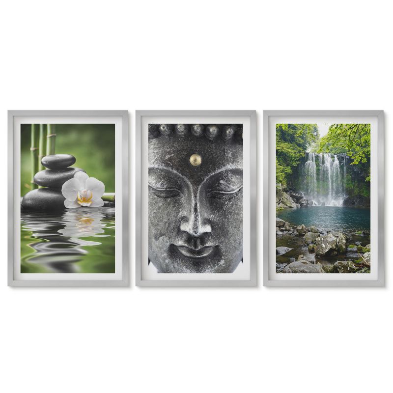 Tryptyk w srebrnej ramie Tulup 40x60 cm Harmonia kamienie woda Budda Obrazy nad biurko zestaw srebrna rama 1 kpl