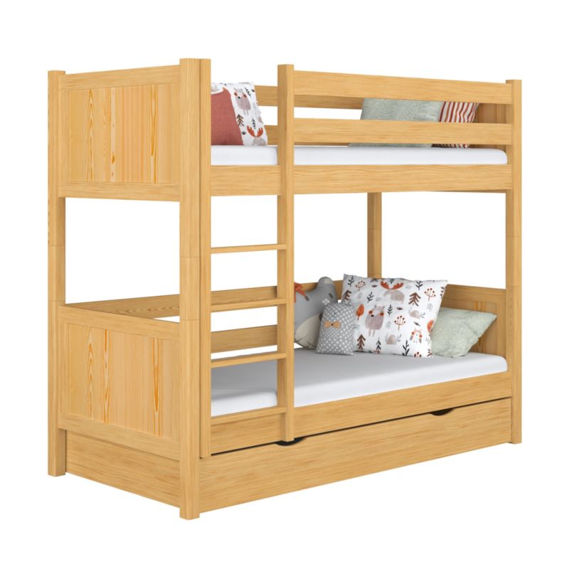 Drewniane łóżko N-WOOD piętrowe z szufladą N02 sosna naturalna 90x190 1szt.