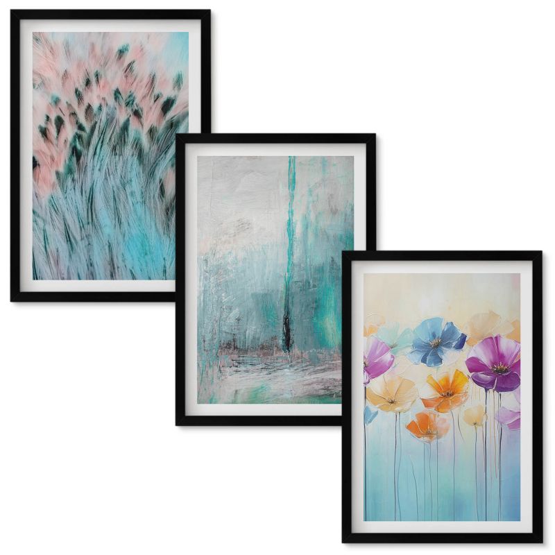 Zestaw Obrazów w Ramie Wallfluent Kwiaty pastelowe tło wzory Czarna rama 40x60 cm 3 szt.