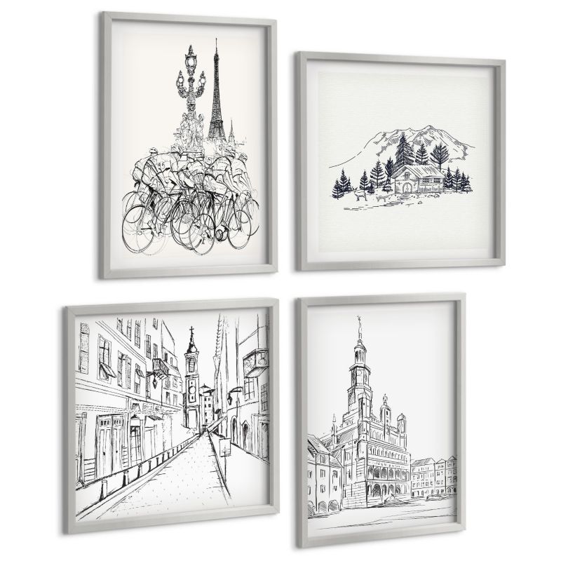 Zestaw Obrazów 4 Częściowy ArtPrintCave (2x50x50+2x40x60cm) Srebrna rama Proste rysunki miast widoki 1 kpl.