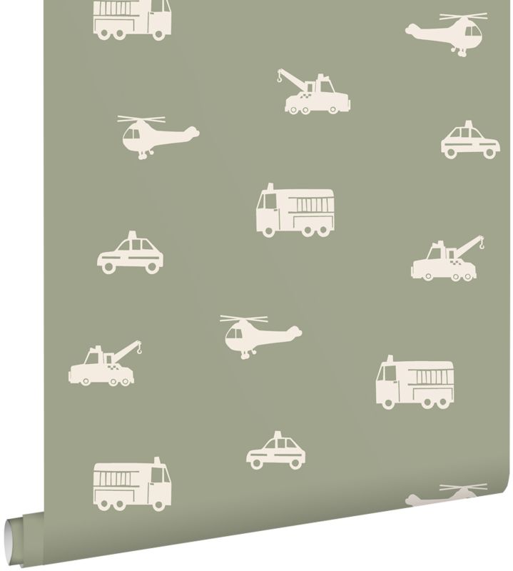 Tapeta ESTAhome samochody, wozy strażackie, helikoptery i dźwigi szaro zielonym 50 x 900 cm - 1 rol.