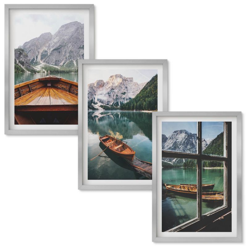 Zestaw Obrazów w Ramie Wallfluent Górskie jezioro łodzie okno Srebrna rama 40x60 cm 3 szt.