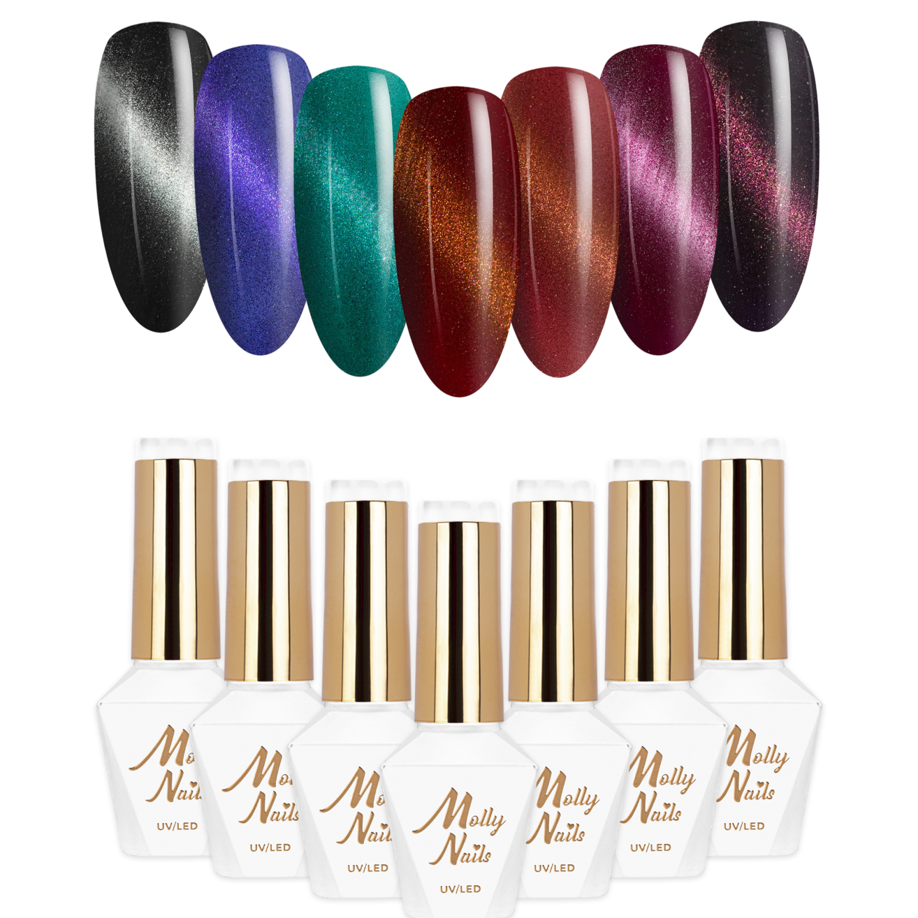 7x Lakier Hybrydowy MOLLYNAILS 8g Cat Eye Seduction ZESTAW 7w1