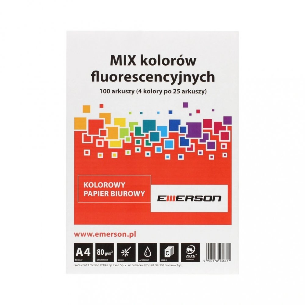 Papier kolorowy Emerson, A4, 80g/m2, 100 arkuszy, mix kolorów neonowych 4x25 ark.