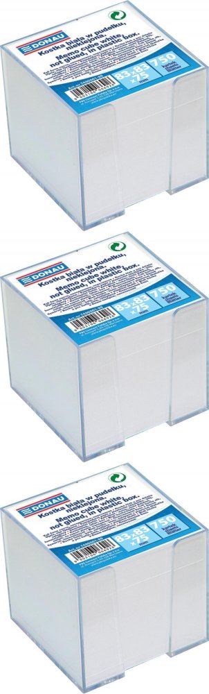 3x Karteczki do notatek w pojemniku Donau, nieklejone, 83x83x75mm, 750 kartek, biały