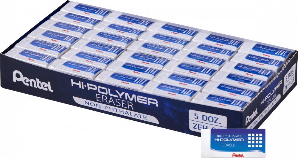 60x Gumka ołówkowa Pentel ZEH Hi-Polymer, 35x16x11.5mm, biały