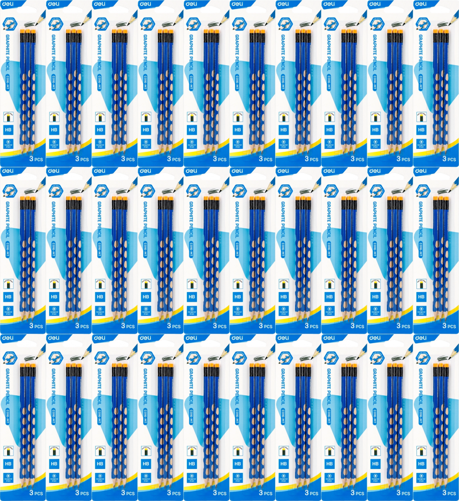 48x Ołówek Deli, HB, z gumką, trójkątny, 3 sztuki, niebieski