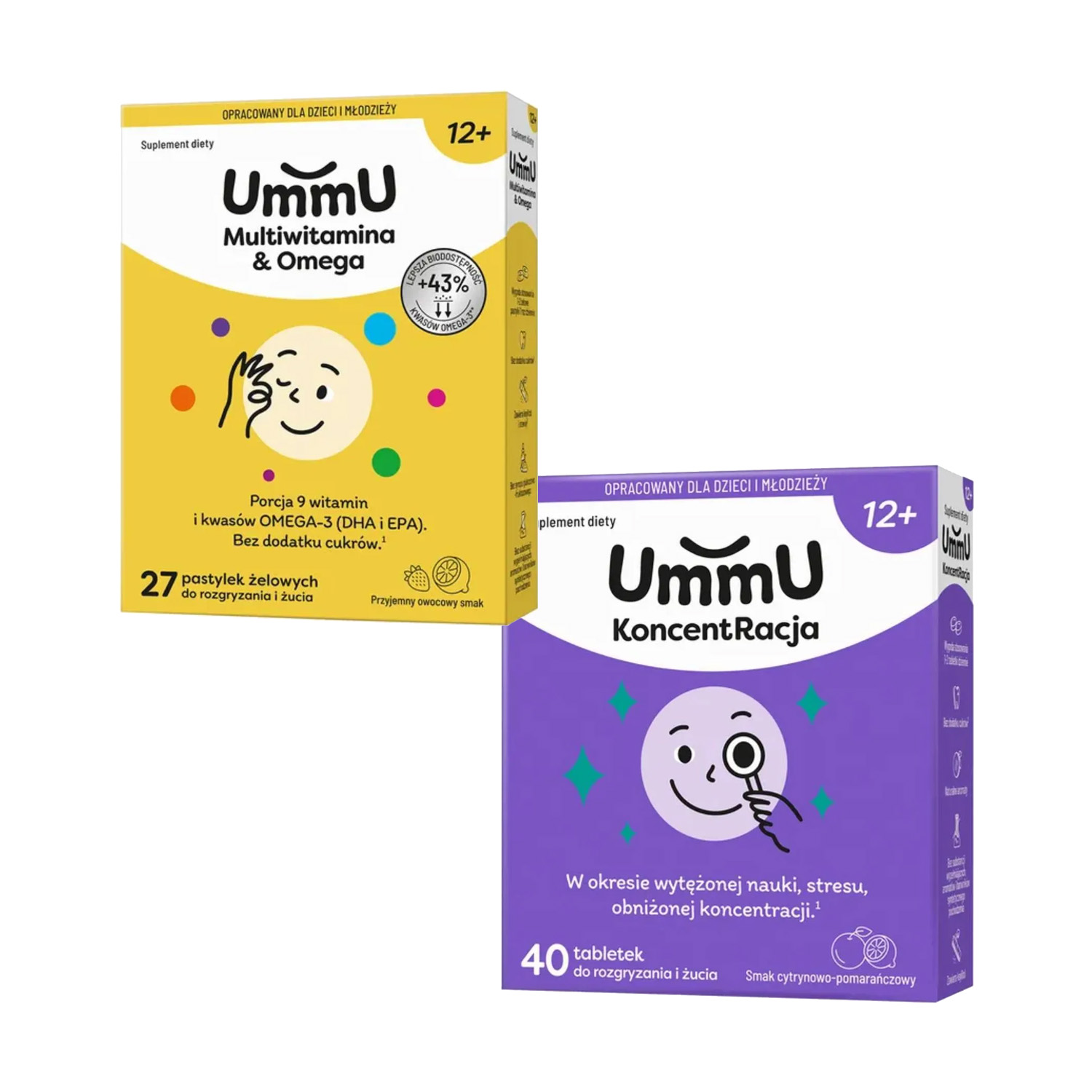 Zestaw: ummu koncentracja 12+, 40 tabletki do rozgryzania i żucia + ummu multiwitamina omega 12+, smak owocowy, 27 pastylek do rozgryzania i żucia