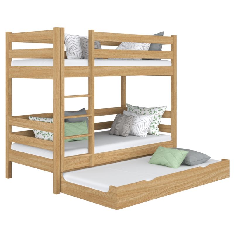 Dębowe łóżko N-WOOD piętrowe z szufladą na materac N01 dąb naturalny 90x180 1szt.