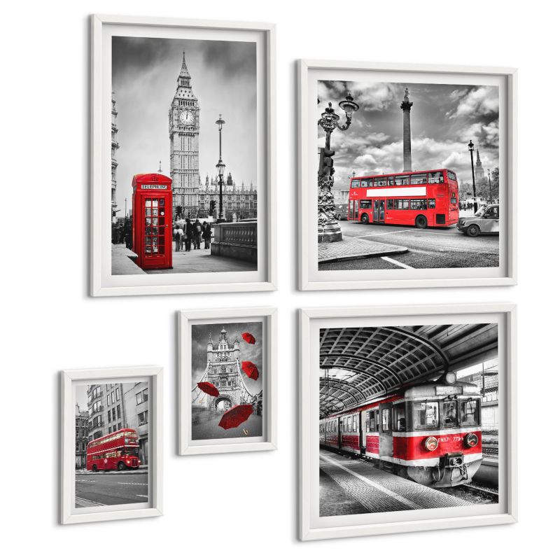 Galeria 5 Obrazów ArtPrintCave (2x50x50+2x20x30+40x60cm) Biała rama Tropikalny las wodospad papugi 1 kpl.