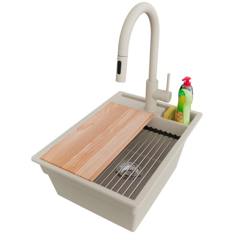 Zlewozmywak Granitowy Oslo Pocket PRIMAGRAN Nablatowy 38x53cm do Szafki od 40cm, Beżowy + Bateria 40x20cm + Syfon, S048, 1 szt.