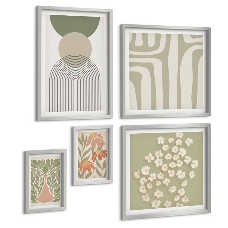 Galeria 5 Obrazów ArtPrintCave (2x50x50+2x20x30+40x60cm) Srebrna rama Kwiatowe minimalistyczne boho 1 kpl.