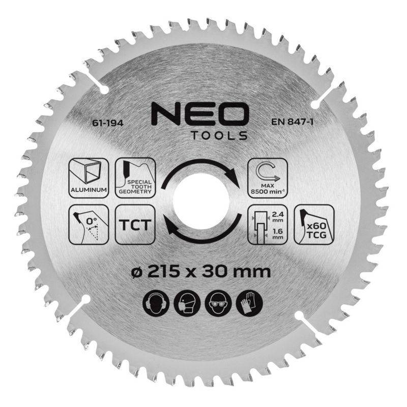Tarcza do pilarki, widiowa NEO TOOLS, 215 x 30 mm, 60 zębów, do aluminium 1 szt