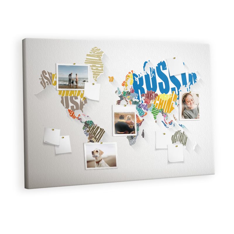 Tablica Korkowa Na Płótnie Tulup 120x80 cm Geografia z liter i słów Ozdobna loft Pinezki drewniane 1 kpl