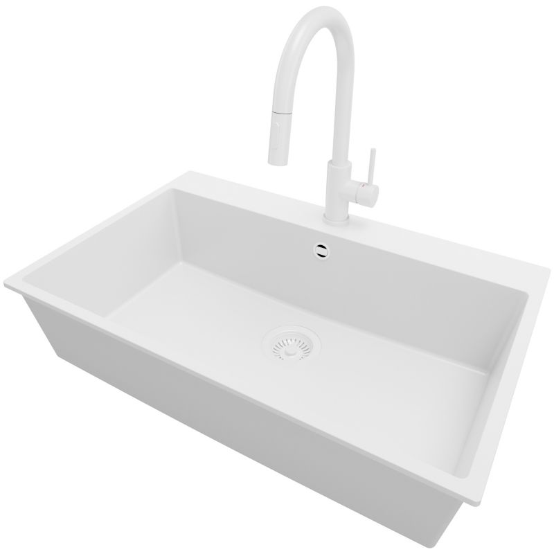 Zlewozmywak Granitowy Ryga PRIMAGRAN Nablatowy 78x50cm do Szafki od 80cm, Cały Biały + Bateria 40x20cm + Syfon, S416, 1 szt.
