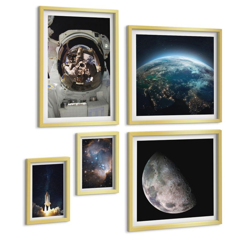 Pięcioczęściowy Zestaw Obrazów ArtPrintCave (2x50x50+2x20x30+40x60cm) Złota rama Kosmos Ziemia rakieta galaktyka 1 kpl.