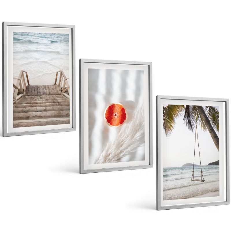 Trzyczęściowy Zestaw Obrazów ArtPrintCave 40x60 cm Srebrna rama Plaża drewniane schody wakacje 1 kpl.