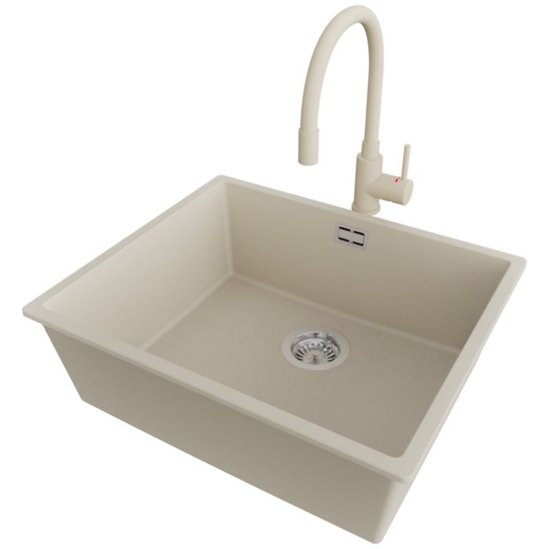 Zlewozmywak Granitowy Londyn Slim PRIMAGRAN Nablatowy 56x47cm do Szafki od 60cm, Beżowy + Bateria 38x14cm + Syfon, S329, 1 szt.