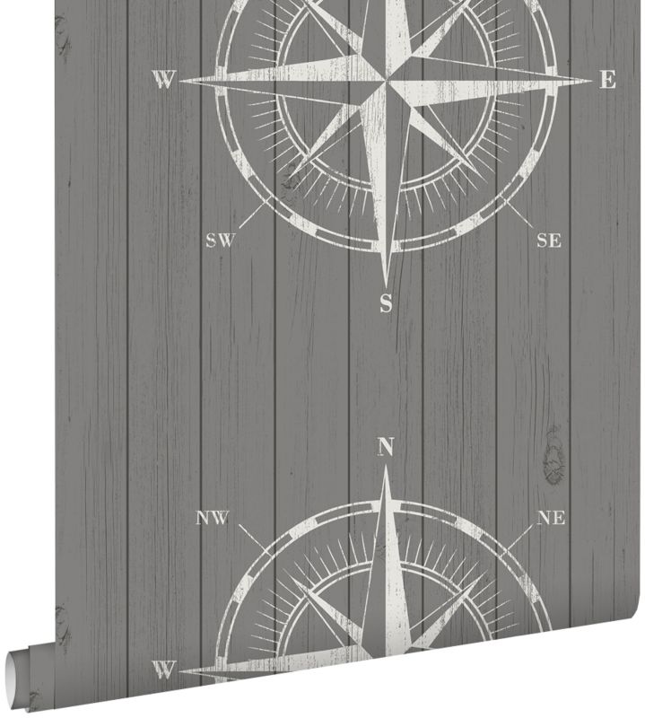 Tapeta ESTAhome róża kompasu na złom białymIszarym 53 cm x 10.05 m - 1 rol.