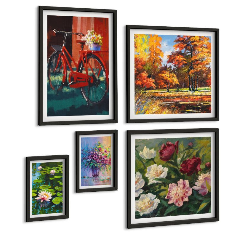 Zestaw 5 Obrazów ArtPrintCave (2x50x50+2x20x30+40x60cm) Czarna rama Lilie w wodzie rower kwiaty 1 kpl.