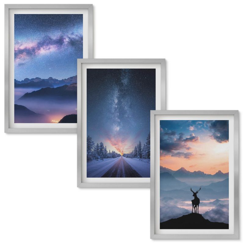 Set Obrazów w Ramie Wallfluent Nocne niebo góry mgła jeleń Srebrna rama 40x60 cm 3 szt.