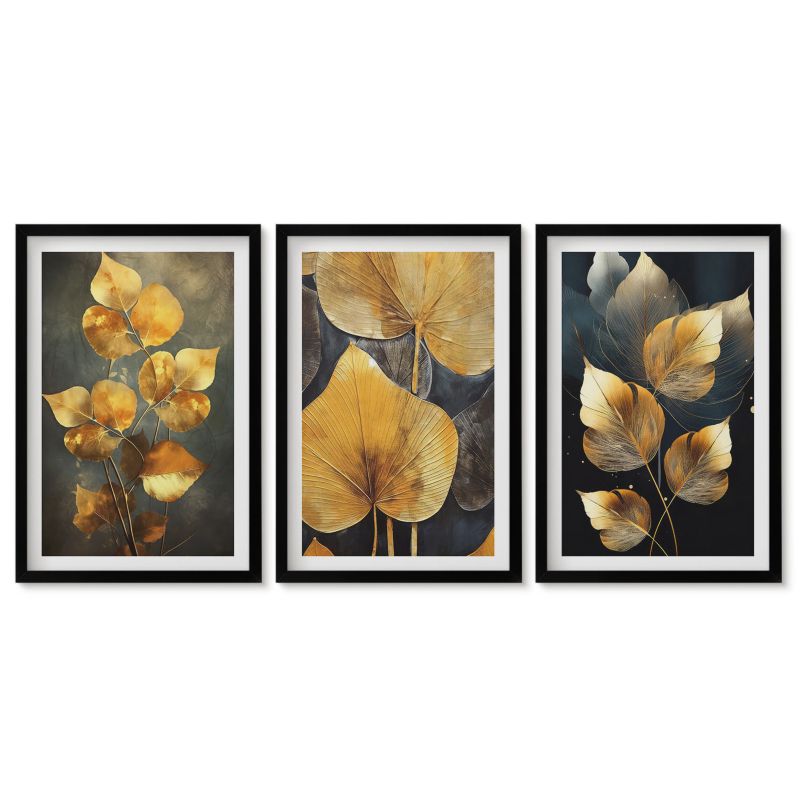 Zestaw 3 obrazów w czarnej ramie Tulup 40x60 cm Liście żółte ciemne tło Galeria ścienna 1 kpl