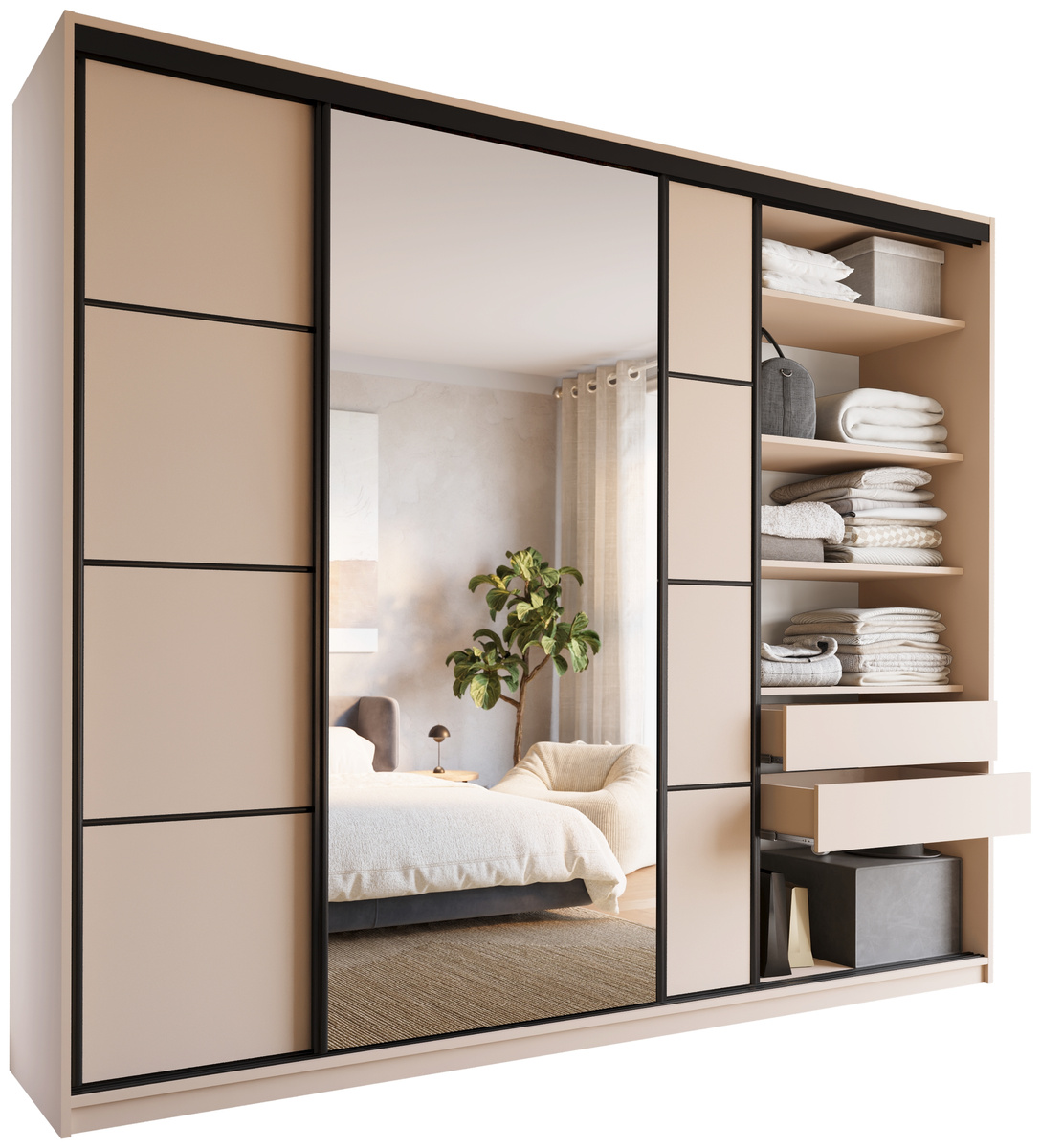 Szafa przesuwna z lustrem 280 cm z półkami LOFT MAX beż piaskowy