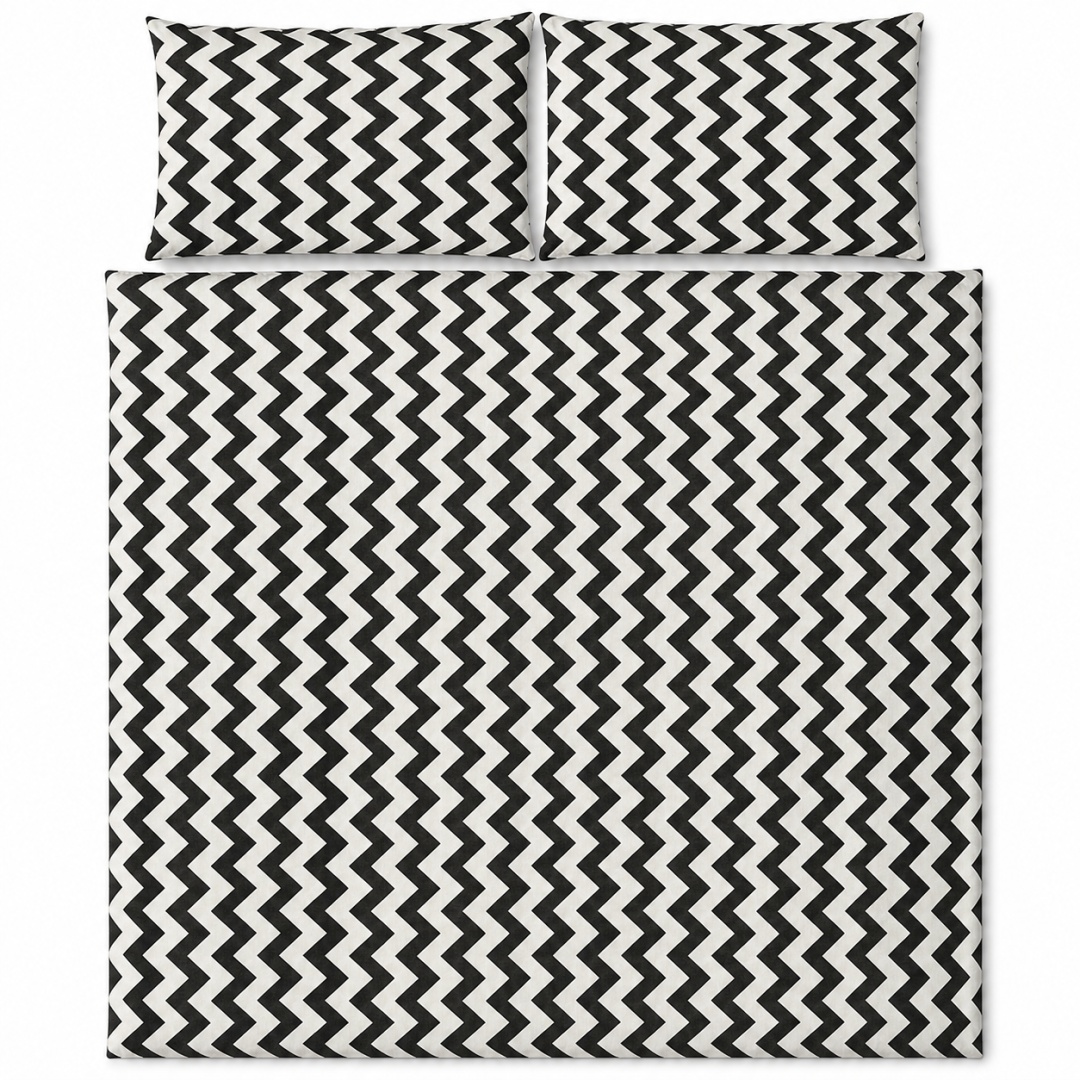 Pościel 140x200 + 2 poszewki | 100% bawełna | biały / czarny zygzak