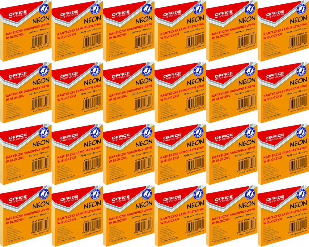 24x Karteczki samoprzylepne Office Products, 76x76mm, 100 karteczek, neonowy pomarańczowy