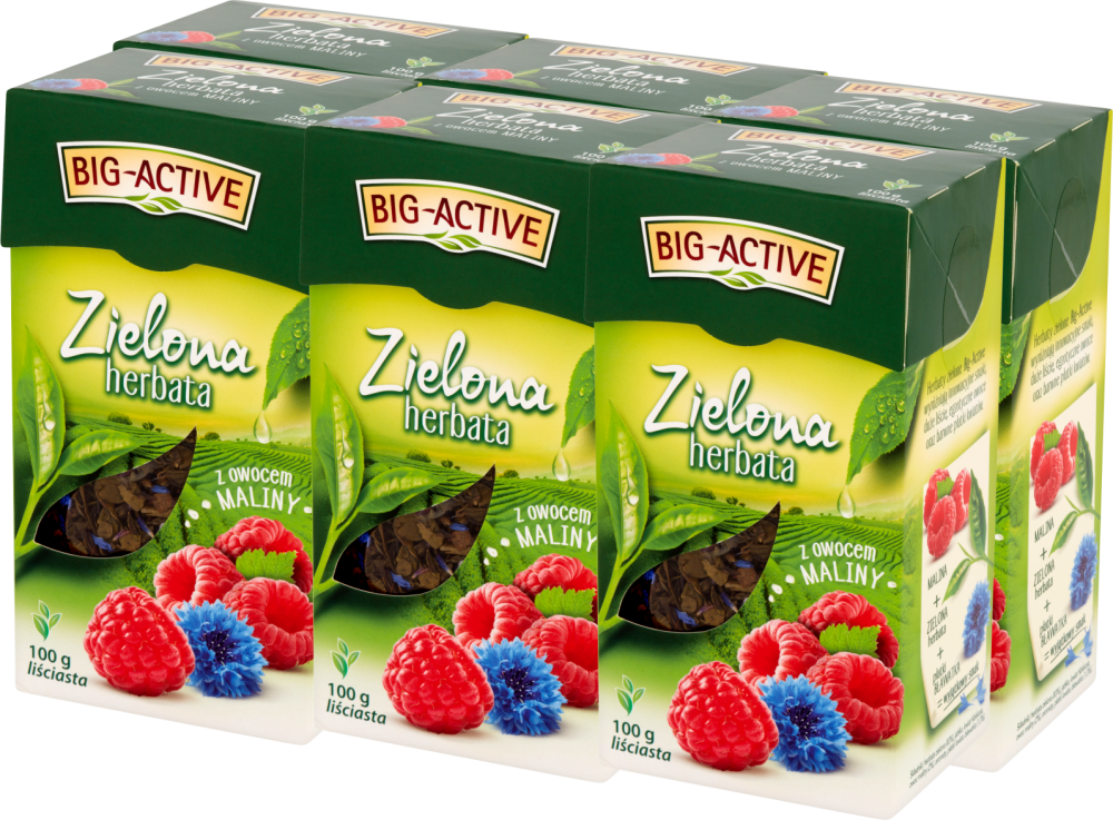 6x Herbata zielona smakowa liściasta Big-Active, z owocem maliny, 100g