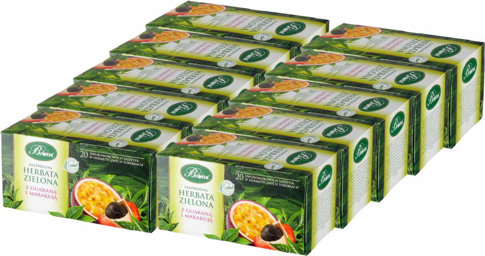 10x Herbata zielona smakowa w kopertach BiFix Premium, z guaraną i marakują, 20sztuk x 2g