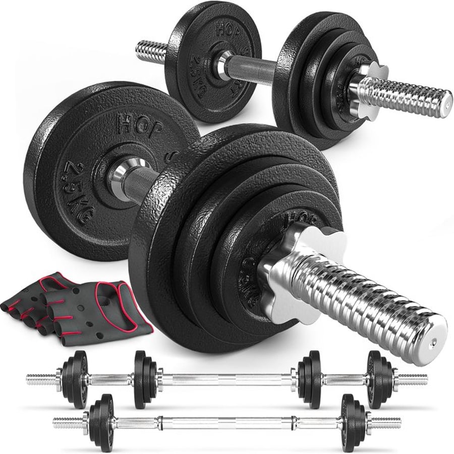 2 en 1 Set d’haltères en fonte modulable 2 x 10 kg avec barres de musculation longue et courtes