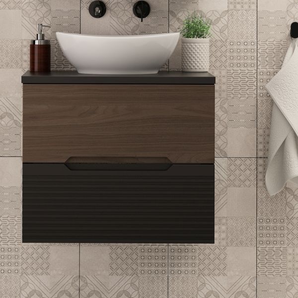 Zestaw Megstyl Avella szafka 60x45,8x50 cm podumywalkowa wisząca czarna-orzech z blatem czarnym i umywalka biała (3192, 2033, 2516)