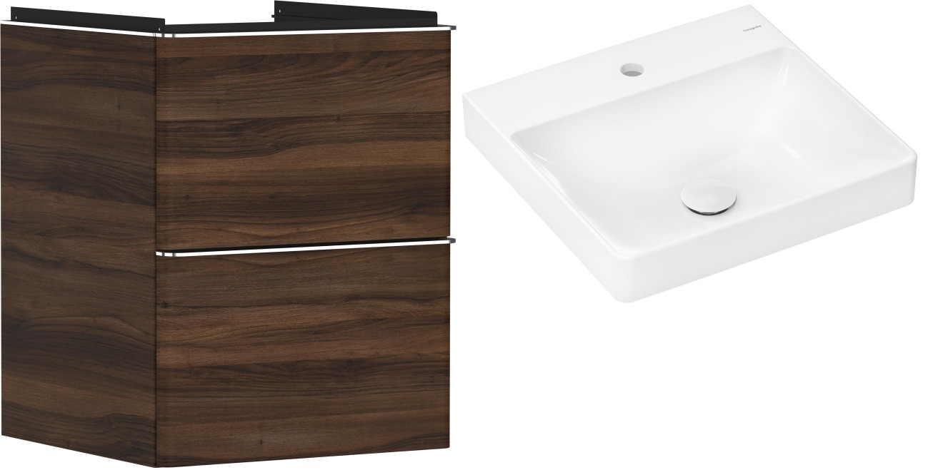 Hansgrohe Xelu Q szafka wisząca z umywalką 50x48 cm ciemny orzech/chrom/biały (54022000, 61012450)