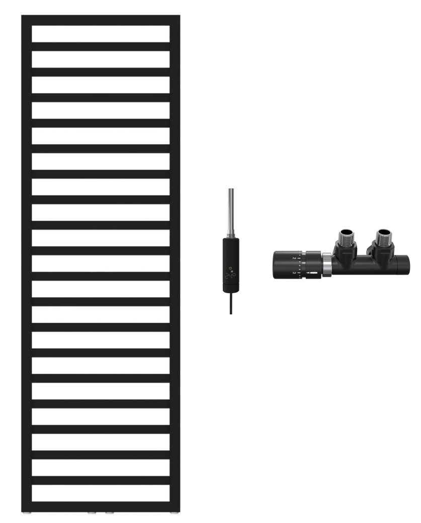 Zestaw Zehnder Quaro grzejnik łazienkowy drabinkowy 140x45 cm czarny z grzałką elektryczną 300 W i zestawem zaworowym lewym z głowicą ...