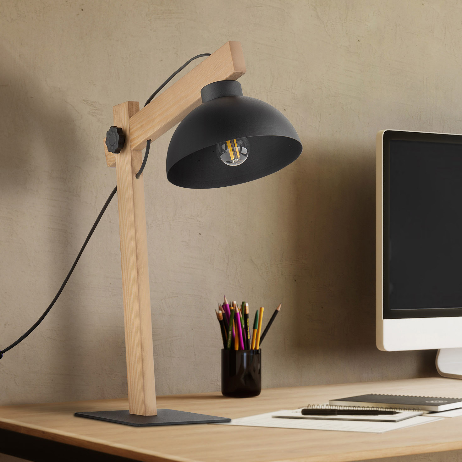 TK Lighting Oslo lampa stołowa 1x15W czarna/jasne drewno 5346
